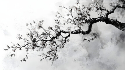 Fototapeta premium A graceful tree branch laden with delicate blossoms against a textured, muted background.