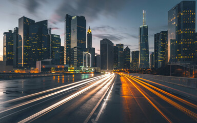 Fototapeta premium modern city with tall skyscrapers. futuristic city at night. 