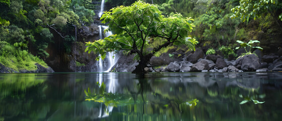 Serene Tropical Landscape with Reflection of a Tree and Waterfall in a Calm Pool Surrounded by Lush Greenery