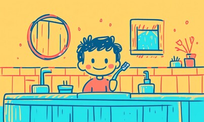 Morning bathroom scene: character brushing teeth at the sink, cheerful reflection in the mirror