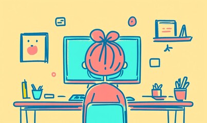 Child sitting at a computer desk, teacher visible on screen, scattered stationery, pastel color scheme