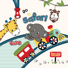 Cute animal vector illustration on a safari train adventure. Cheerful and vibrant wildlife journey.