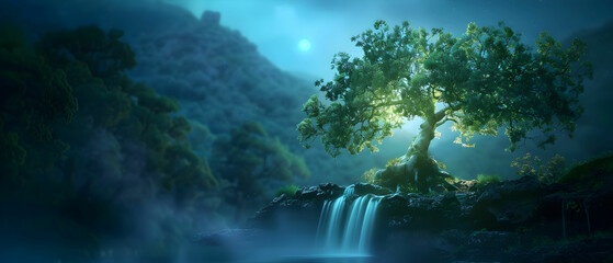 Obraz premium Serene Tranquil Landscape with Luminous Tree Overlooking Majestic Waterfall Under Moonlit Sky
