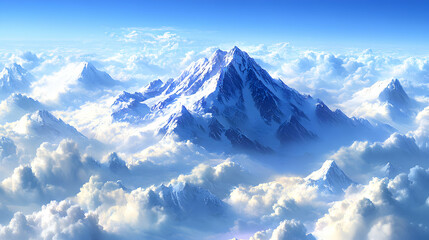 Majestic snow-capped mountains piercing through a sea of fluffy white clouds under a vibrant blue sky; breathtaking aerial view.