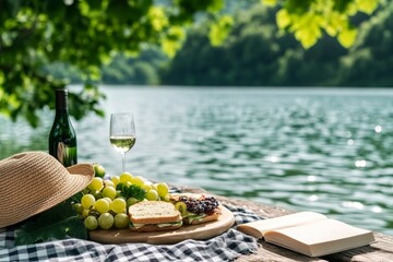 A cozy summer picnic setup by a lake. Generative AI