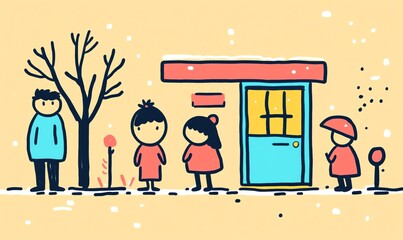 Family cluster at the doorway, swapping shoes for slippers, umbrellas and coats on the side