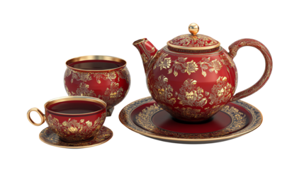 Elegant red tea set with intricate floral designs and gold accents.