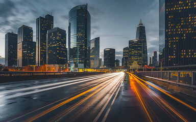 Fototapeta premium modern city with tall skyscrapers. futuristic city at night. 