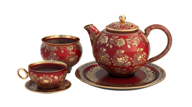 Elegant red tea set with intricate floral designs and gold accents.