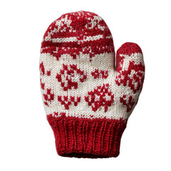 A hand-knit mitten ornament crafted in vibrant red and white patterns, perfect for adding a festive touch to your holiday decorations and seasonal displays, isolated on a transparent background.