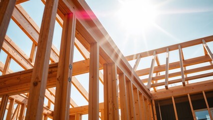 Construction of a wooden frame building under bright sunlight in an open landscape