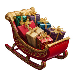 A charming red sleigh ornament filled with beautifully wrapped mini presents isolated on a transparent background, perfect for festive decorations and holiday-themed projects.