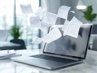Paper tax forms transforming into digital documents floating above laptop in modern office.