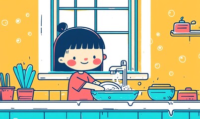 Girl cheerfully washing plates, bright window light