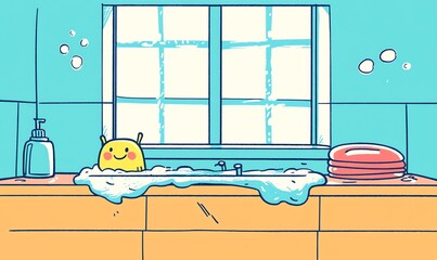 Sink filled with soapy water, playful bubbles, cheerfully washing plates, bright window light