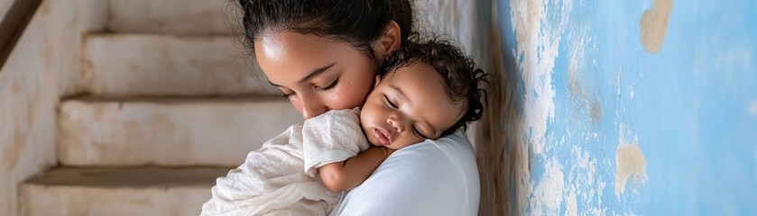 Witness a tender moment as a mother carrying her sleeping child up the stairs, her devotion and protection evident in every step This heartwarming image captures the pure love between a parent and