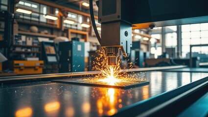 Precision laser cutting process illuminates a metal sheet in a busy workshop during daylight hours