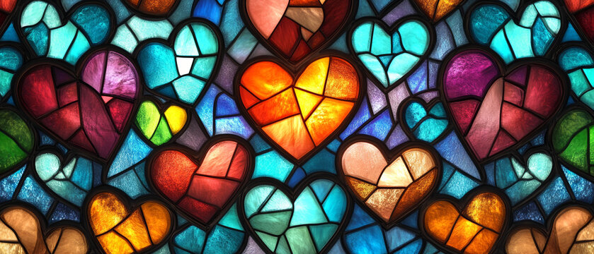 Colorful stained glass hearts in vibrant hues create warm and artistic mosaic design.