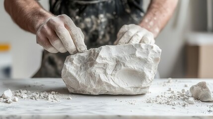 Sculptor carving a block of marble with slow, precise strikes, art emerging through time, patience, waiting, stability