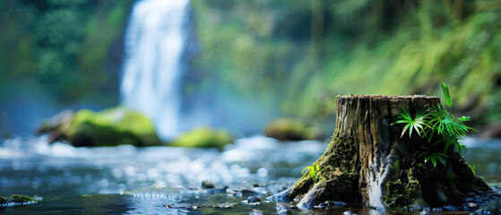 Fototapeta premium Tranquil Waterfall Scene with Stump and Lush Greenery in Serene Natural Setting