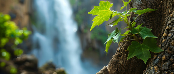 Fototapeta premium Close-Up of Green Leaves on a Tree Trunk with Waterfall in the Background Surrounded by Lush Forest Environment
