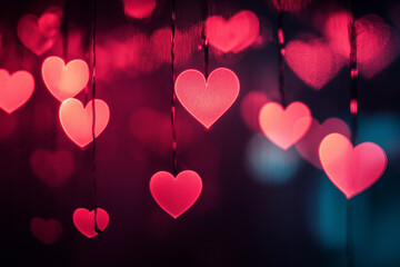 Romantic glowing pink heart lights hanging on branches in a dreamy dark background for Valentine's Day or love-themed designs.