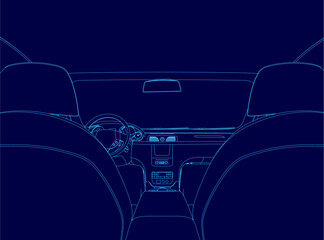 Blue car interior with a steering wheel and a dashboard.