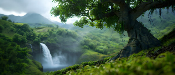 Obraz premium Serene Natural Landscape with Majestic Tree and Cascade Waterfall in Lush Green Valley