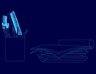 Blue background with a pencil holder and a stack of papers. The pencil holder is filled with pencils, pens, and a brush