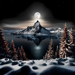 Paesaggio invernale sereno con alberi innevati e luna piena che si rifletta su di un lago placido, A serene winter landscape with snow-covered trees and a full moon reflecting on a placid lake