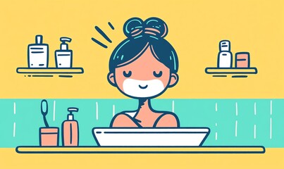 Face mask application, hair tied up in a towel, gentle pastel environment