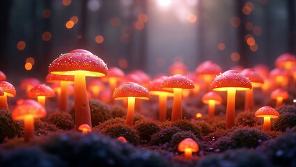 Fototapeta premium Glowing red mushrooms in a mossy forest are suitable for fantasy book covers, nature articles, and mystical themed designs. Ideal for naturethemed designs.