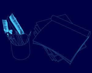 Blue background with a pencil holder and a stack of papers. The pencil holder has a blue brush and a blue pen