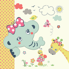 Beautiful elephant girl cartoon vector joyfully playing with friends in a cheerful and colorful outdoor scene.
