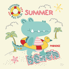 Adorable crocodile vector ready to swim at the beach with a colorful buoy.