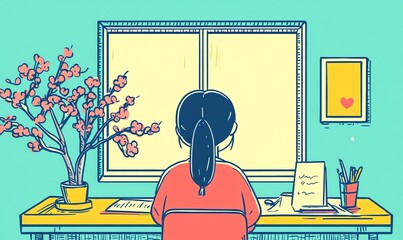 Character sitting at a desk, writing a heartfelt letter on pretty stationery, a window with soft daylight