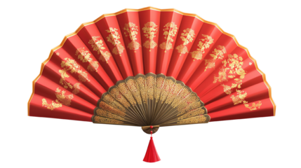 Elegant red fan with intricate gold designs for decoration.