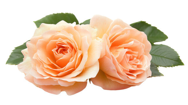 Beautiful peach roses with lush green leaves, perfect for decoration.