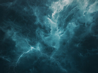 Cyan Lightning Arcs Across a Mass of Dark Storm Clouds