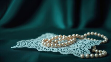 Elegant pearl necklaces arranged delicately on white lace against a dark green background