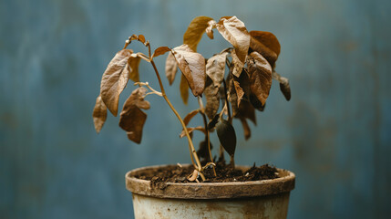 A wilted plant in a pot, with the soil dry and leaves drooping