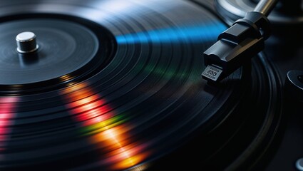 Vinyl record spinning on turntable with colorful reflections in dim light