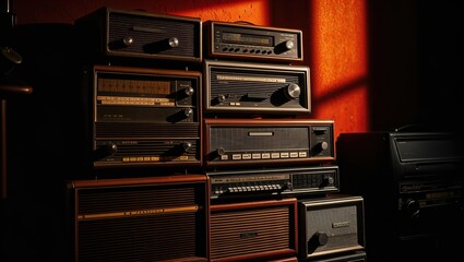 Fototapeta premium Vintage radios stacked against a warm-colored wall, illuminated by soft light in a retro setting