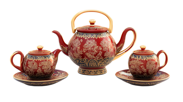 Elegant red tea set with intricate floral patterns and fine details.