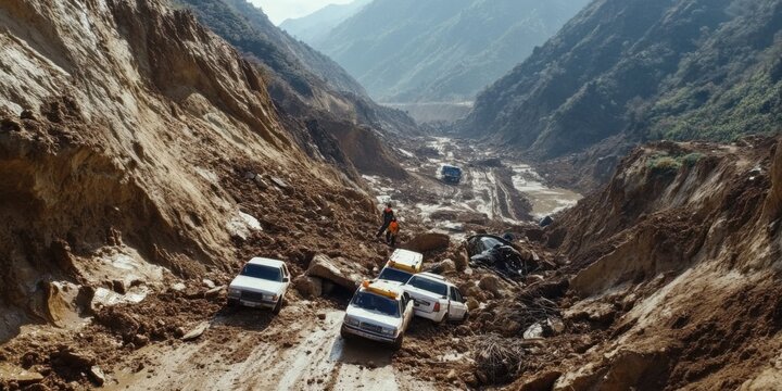 A landslide collapsing a mountainside onto a rural road, burying vehicles and leaving rescue workers scrambling to clear the rubble