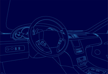 Blue drawing of a car's interior with a steering wheel and a gear shift. Concept of modern technology and sophistication