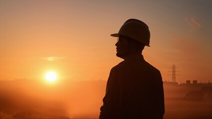 Construction worker observing sunset over a city skyline with a safety helmet