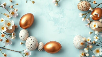 Obraz premium Pastel-colored eggs and delicate spring blossoms arranged artfully on a light blue background, creating a festive and elegant design for springtime celebrations.