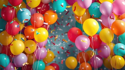 A profusion of colorful balloons floats amidst a shower of confetti, celebrating a joyous occasion.