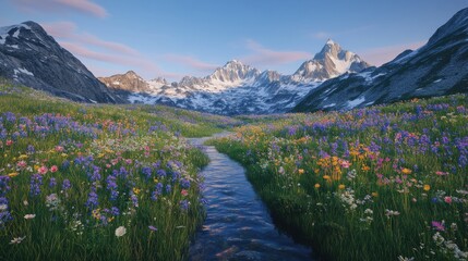 Majestic mountain range with vibrant wildflower meadow and serene stream